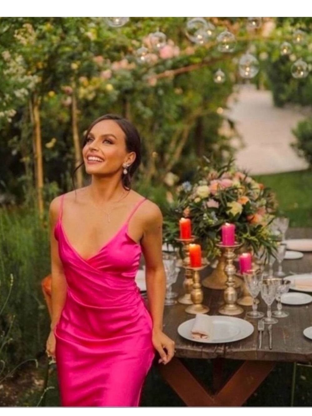 Zara Fuchsia Satin Midi Dress with Side Ruching